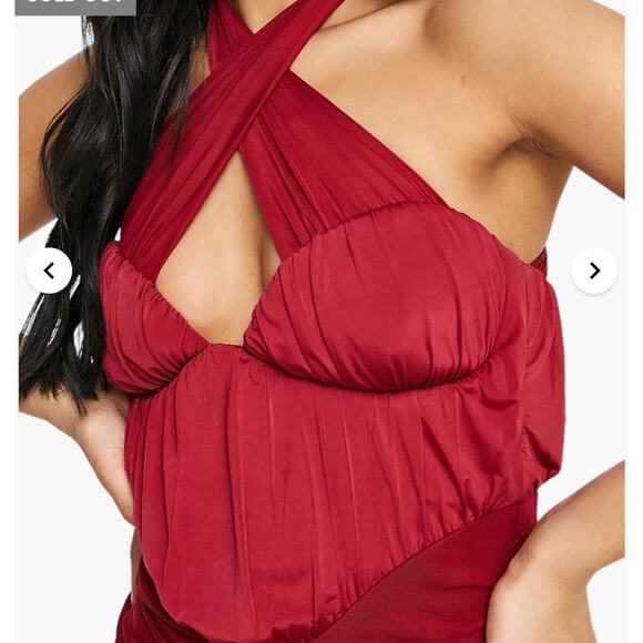ASOS Design Burgundy Bodycon Halter mesh ruched midi dress Stretch. Size 12 NWOT - Picture 4 of 9